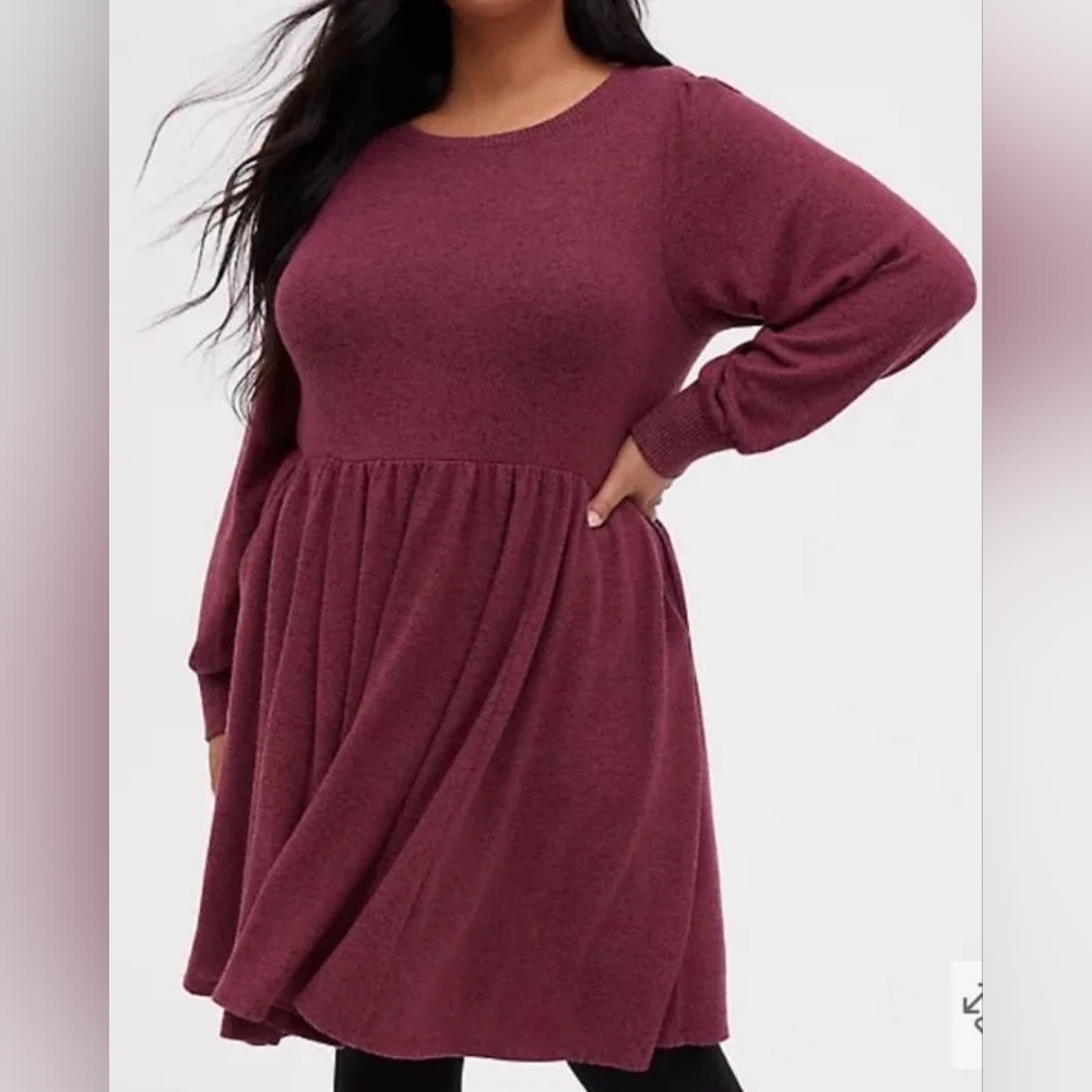 Torrid | NWT Babydoll Long Sleeve Dress Burgundy Size 1X